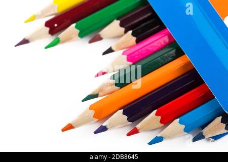Number of colored pencils in a box isolated on white background Stock Photo