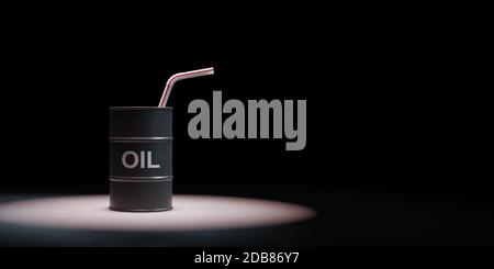 Black Oil Barrel with Drinking Straw Spotlighted on Black Background with Copy Space 3D Illustration Stock Photo