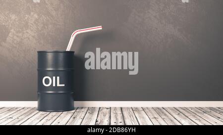 Black Oil Barrel with Drinking Straw Against the Wall of a Room, 3D Illustration Stock Photo