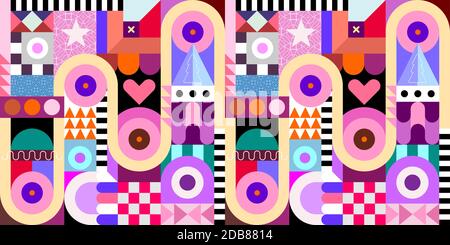 Seamless geometric vector pattern with different shapes and decorative elements. Festive background. Stock Vector