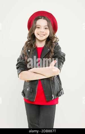 Little rock star concept. Talent contest. Brutal style tender girl. Rock  style suits her. Rock and roll is way of life. Outfit ideas every stylish  girl should try. Girl curly hair wear leather jacket Stock Photo - Alamy