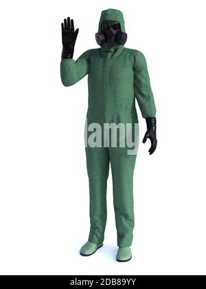 3D rendering of person wearing green hazmat suit holding up his hand like he is saying stop, don't come here. Virus corona outbreak! Stock Photo