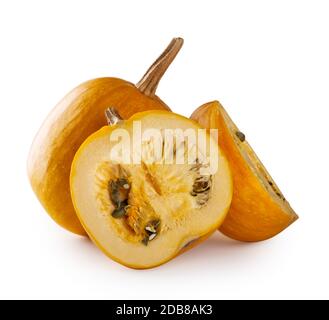 Fresh whole pumpkin and two half isolated on white background Stock Photo