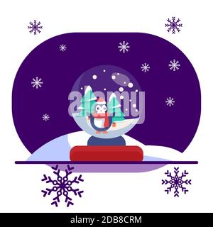 Penguin in snowy glass ball on violet backdrop. Christmas holiday postcard for invitation or gift card, notebook, bath tile, scrapbook. Phone case or Stock Vector