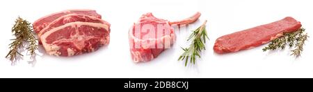 Various lamb meat filet cutlet on white isolated Stock Photo