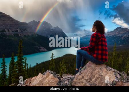 Girl enjoying Canadian Nature Landscape Stock Photo