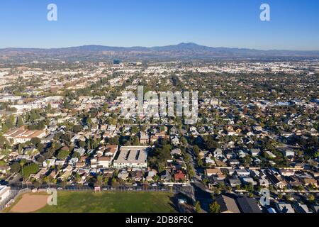 Aerial view over the vast coastal plain of Orange County, California from Santa Ana Stock Photo