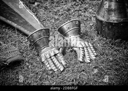 Medieval armor, hands, detail of part of an ancient war armor, gloves ...