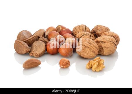 Different nuts brazil nuts hazelnuts walnuts white isolated Stock Photo