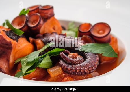 Stewed octopus with parsley and tomatoe sauce close-up Stock Photo