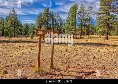 Dutch Kid Tank Sign in the Kaibab National Forest, Arizona, USA Stock Photo