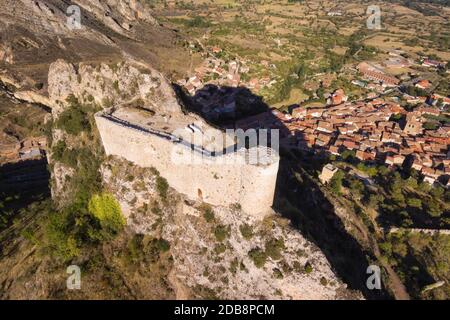 Aerial view of ancient ruins of Poza de la Sal castle in Burgos, Castile and Leon, Spain . Stock Photo