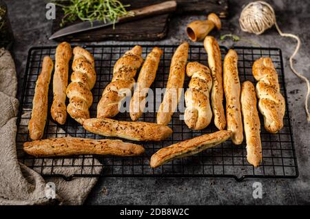 Delicious homemade salted sticks with cumin and sea salt Stock Photo