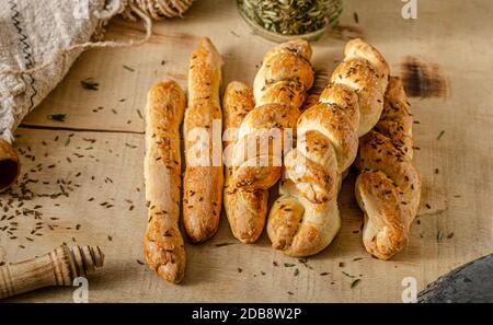 Delicious homemade salted sticks with cumin and sea salt Stock Photo
