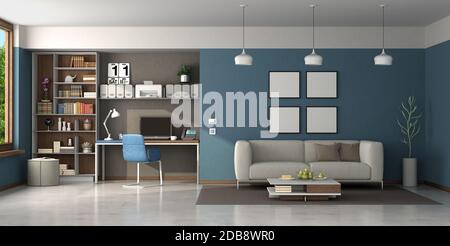 Work at home in a large living room with desk,office chair,bookcase and modern sofa - 3d rendering Stock Photo