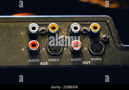 a control panel with old analog audio and video connectors. Red and white RCA audio connectors and S-Video connectors. Audio and video outputs. Auxili Stock Photo