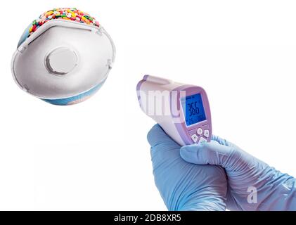 https://l450v.alamy.com/450v/2db8xr5/infrared-medical-thermometers-mask-protection-virus-flu-coronavirus-planet-earth-globe-continents-epidemic-virus-concept-isolated-on-white-background-2db8xr5.jpg