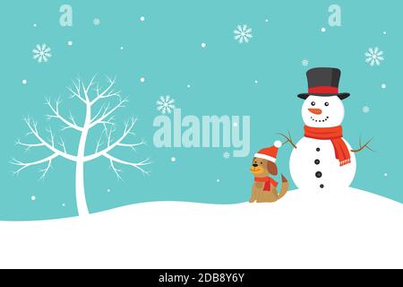 Snowman and dog enjoying outdoor on winter day and snow. Xmas and New Year concept. Copy space for text or design. Flat design vector illustration Stock Vector
