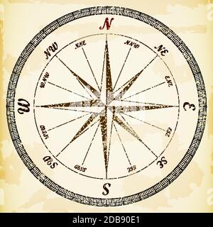 Vintage wind rose on the old paper, eps10 vector. Stock Vector