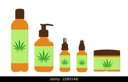 CBD oil cosmetic products in different bottles. Natural hemp cosmetic for skin and hair isolated on white background. Vector flat illustration. Stock Vector
