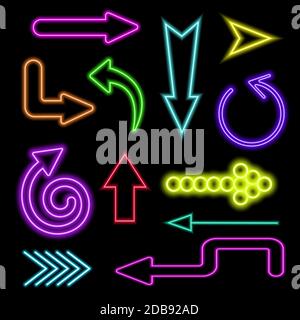 Neon glowing arrows big set. Lightning signs on dark background. Vector illustration. Stock Vector