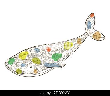 Hand drawn whale with floral pattern. Stock Vector