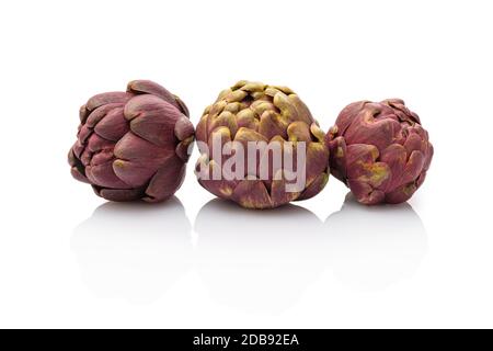 Three artichokes vegetable white isolated Stock Photo