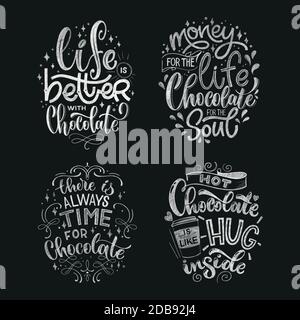 Chocolate hand lettering chalk quotes set. Christmas winter word composition. Vector design elements for t-shirt, bag, poster, card, sticker and menu Stock Vector