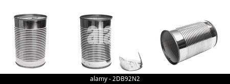 Tin cans of stainless steel white isolated Stock Photo