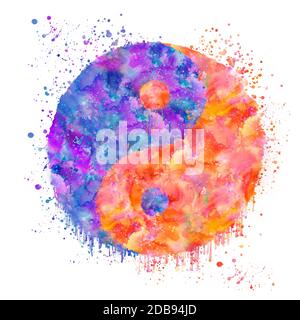 digital created yin and yang watercolor art in purple, orange and yellow colors, all used artwork is created and painted by myself Stock Photo