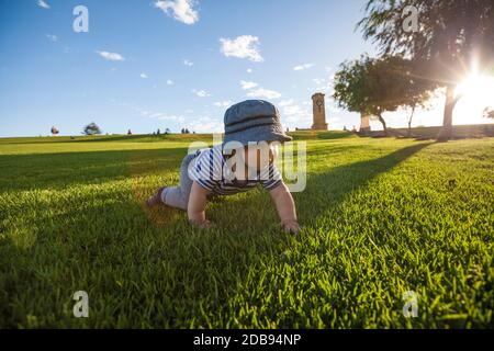 Baby crawling in park Stock Photo