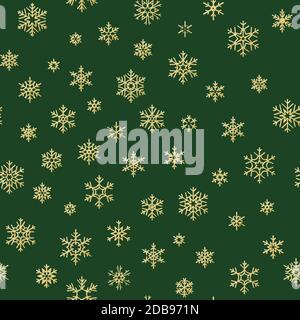 Merry Christmas holiday, Happy New Year celebration golden decoration, simple seamless snowflake pattern. Green wallpaper, wrapping decoration. EPS 10 Stock Photo
