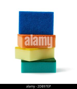 stack of new multi-colored kitchen sponges for washing dishes isolated on a white background Stock Photo