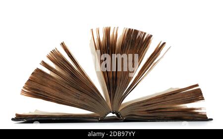 open very old book with yellow sheets isolated on white background, close up Stock Photo
