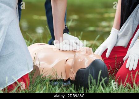 First aid training for drowning. Cardiopulmonary resuscitation - CPR. Stock Photo