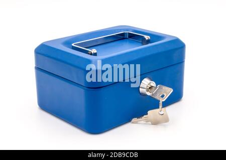 Blue safe close with a key on a white background Stock Photo