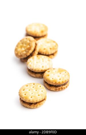 Mini cream sandwich cookies isolated on white background. Stock Photo
