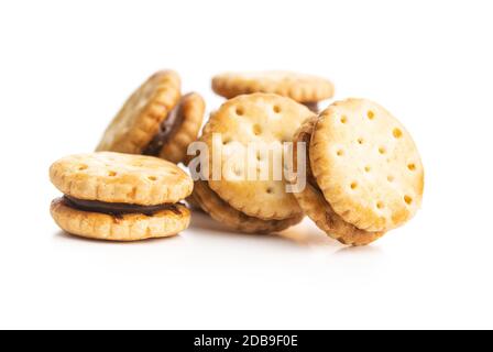 Mini cream sandwich cookies isolated on white background. Stock Photo
