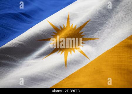 Ruffled Flag of Bandeira do Tocantins Blowing in Wind Stock Photo