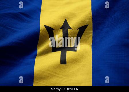 Ruffled Flag of Barbados Blowing in Wind Stock Photo