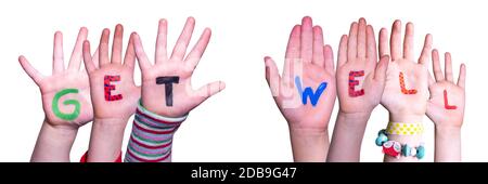 Children Hands Building Colorful English Word Get Well. White Isolated Background Stock Photo