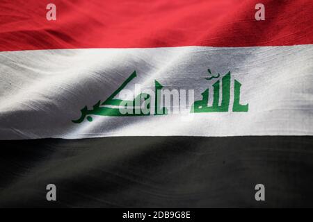 Closeup of Ruffled Iraq Flag, Iraq Flag Blowing in Wind Stock Photo