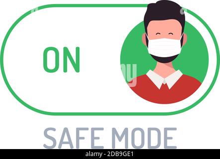 Face mask safe mode switch toggle. Flat vector illustration with character person avatar on face mask on green button. Stock Vector
