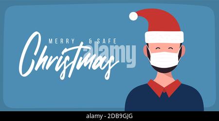 Merry and safe Christmas. Businessman in Santa Claus hat wearing protective face mask against coronavirus. Christmas during pandemia. Holiday greeting Stock Vector