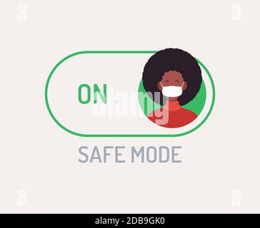 Face mask safe mode switch toggle. Flat vector illustration with character person avatar on face mask on green button. Stock Vector