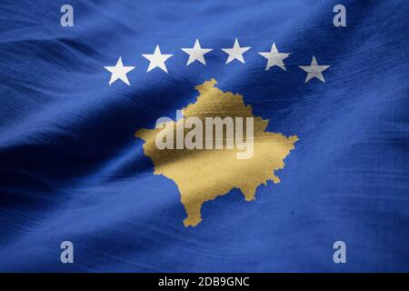 Closeup of Ruffled Kosovo Flag, Kosovo Flag Blowing in Wind Stock Photo