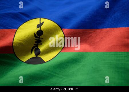 Closeup of Ruffled New Caledonia Flag, New Caledonia Flag Blowing in Wind Stock Photo