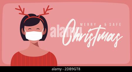 Merry and safe Christmas. Woman in deer antlers hat wearing protective face mask against coronavirus. Christmas during pandemia. Holiday greeting card Stock Vector