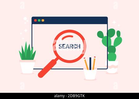 minimal cartoon flat style magnifying glass icon with computer window. Vector illustration online Browser search concept. Stock Vector