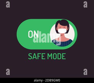 Face mask safe mode switch toggle. Flat vector illustration with character person avatar on face mask on green button. Stock Vector